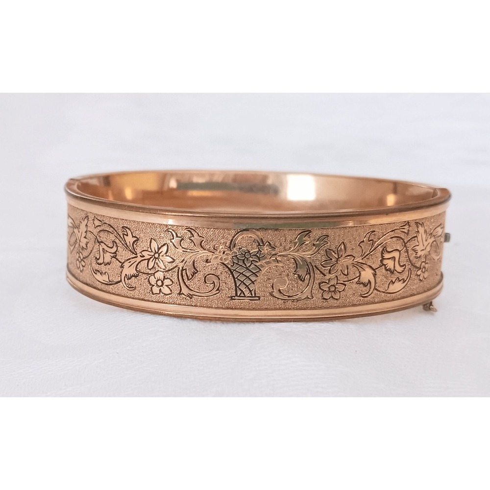 Antique 12K Gold Fill Bangle Bracelet Etched Flower Basket Hinged Enamel Vintage
